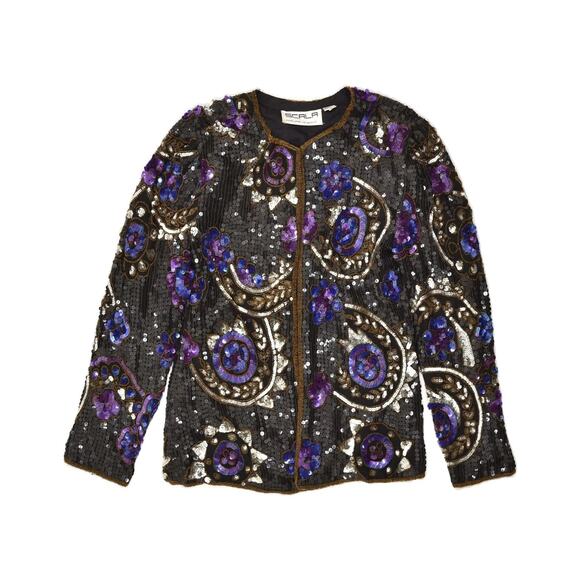 SCALA Floral Patchwork Silk‎ Sequin Beaded Blazer Jacket Multicolored Size XL - Picture 1 of 10